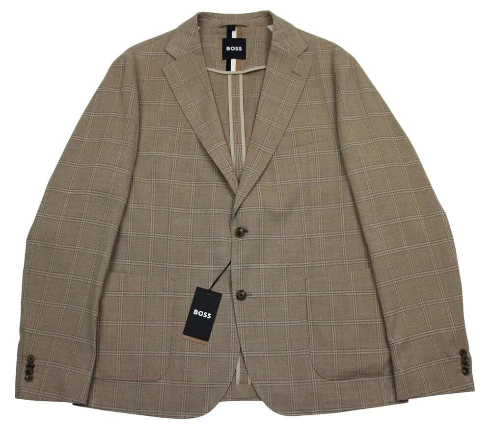Hugo Boss Hanry Blazer Mens 46 R Brown Windowpane Stretch Wool Cotton Sport Coat